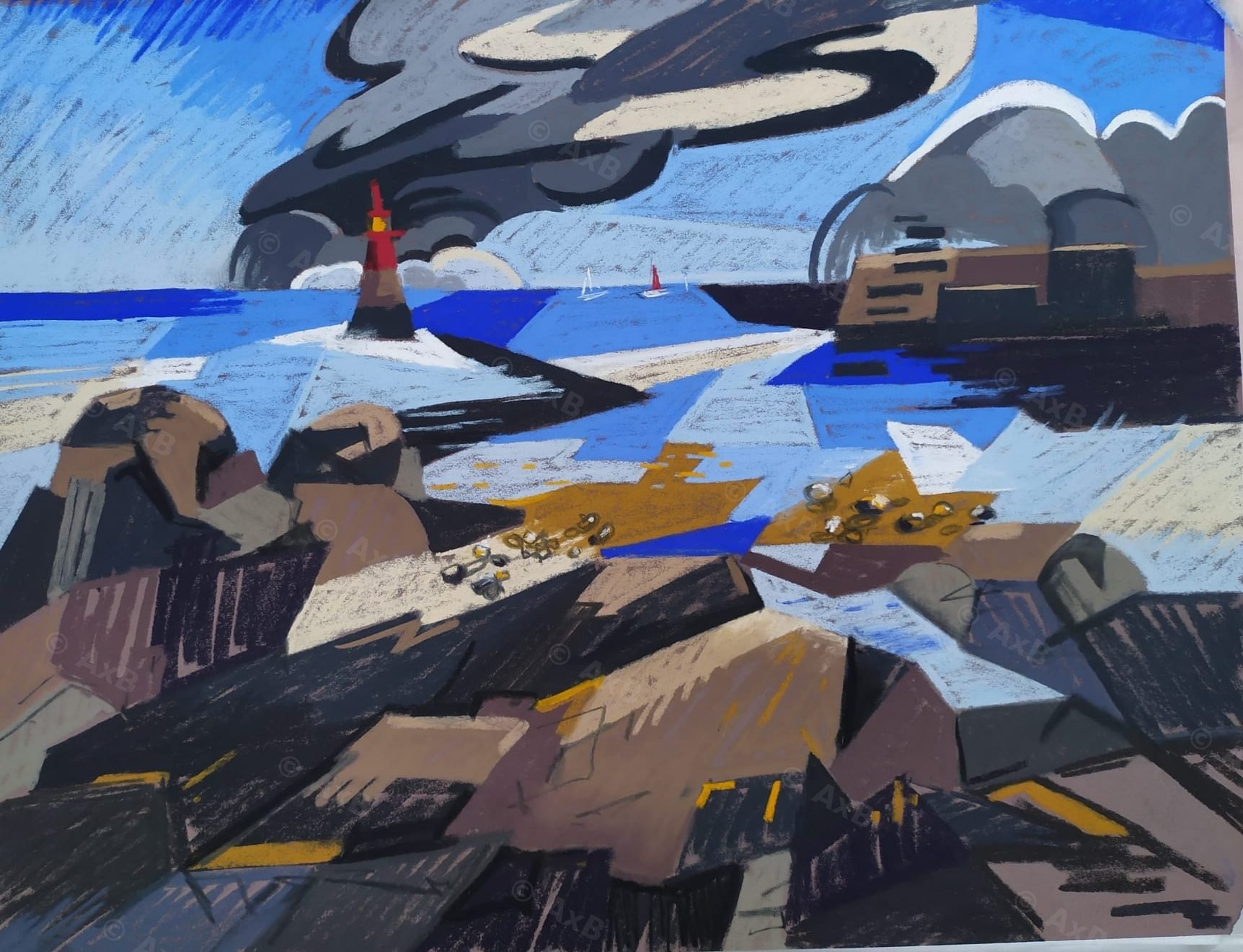 Éclats de granite — dessin cubiste polychrome, AxB