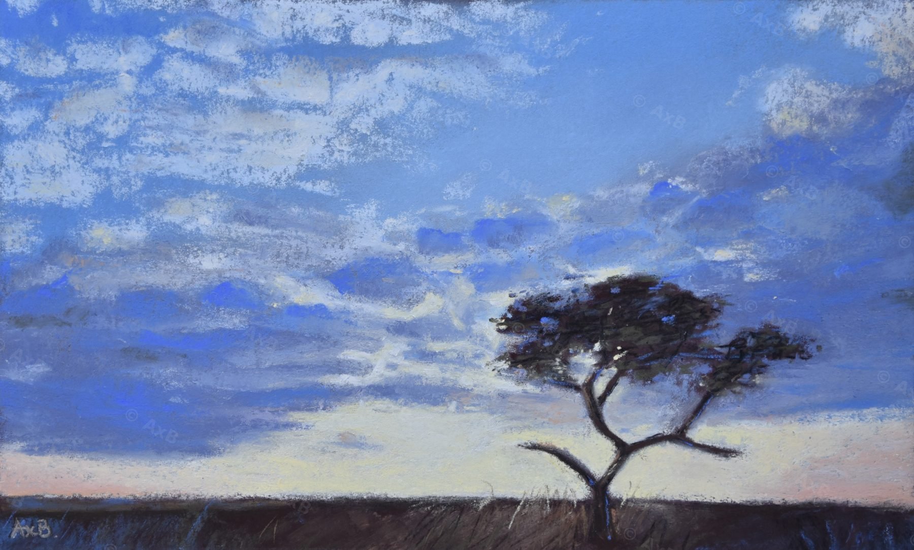 Pastel d'un arbre solitaire sous un grand ciel, par AxB